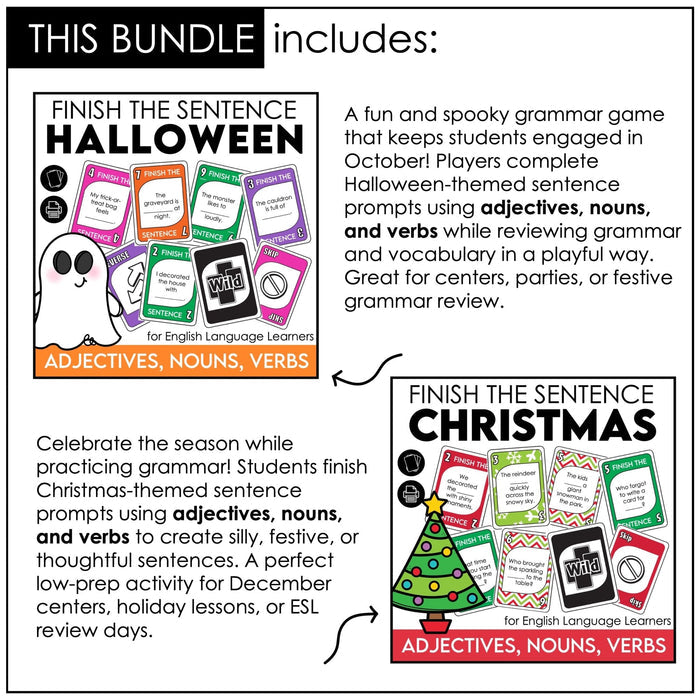 Sentence Building Card Game Bundle – Finish the Sentence Grammar Activities - Hot Chocolate Teachables