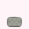 Sage green cosmetic bag with black trim and lip-shaped embellishments.