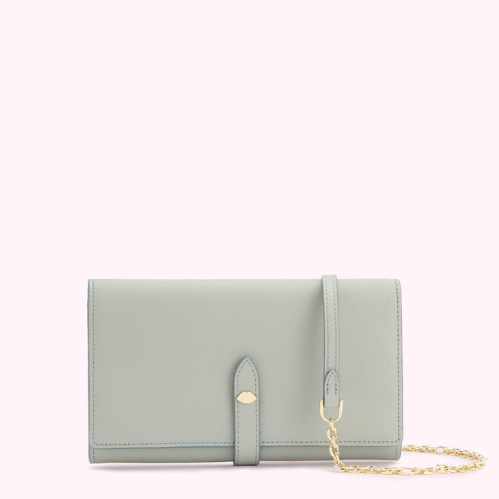 Light grey leather wallet with gold chain strap and clasp.