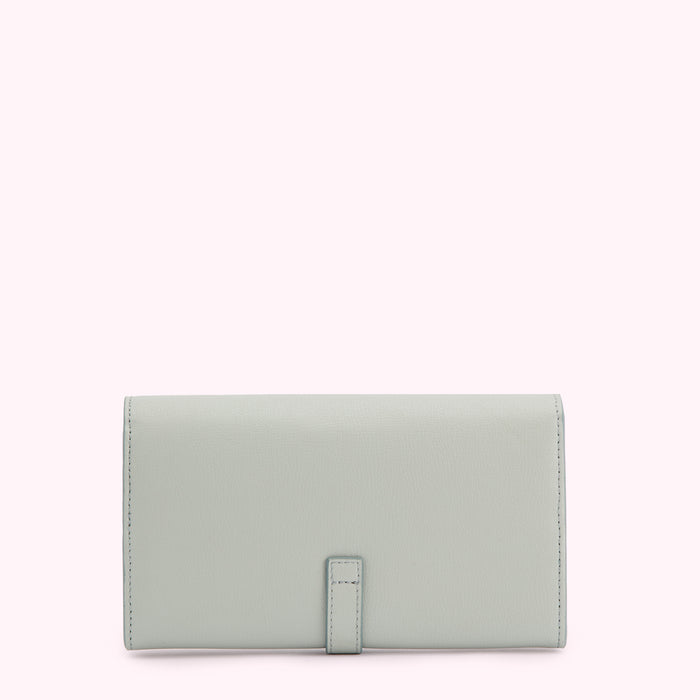 Light green leather wallet on white background.