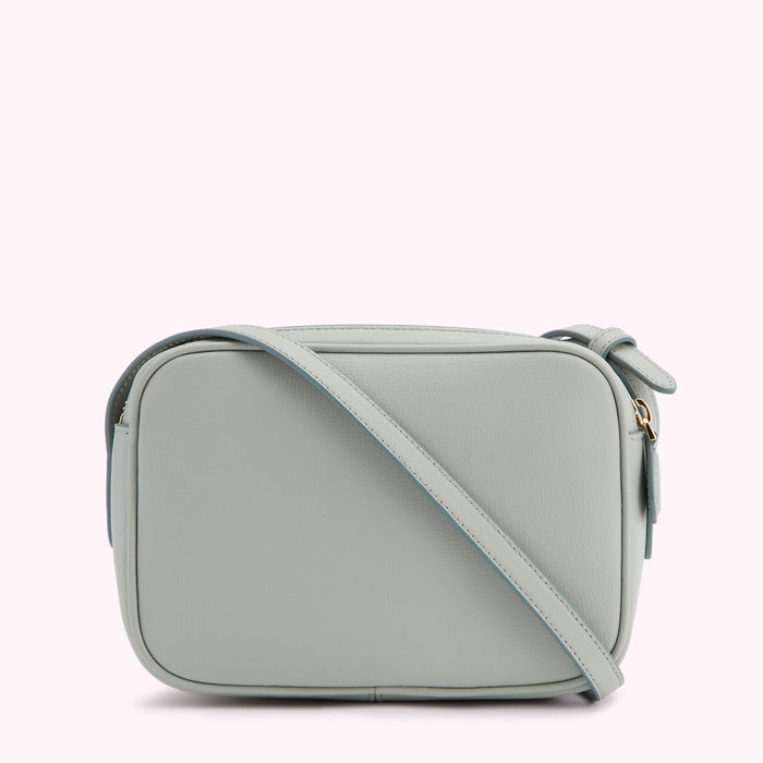 Light blue rectangular crossbody bag with long strap.