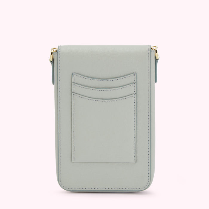 Light teal leather phone crossbody bag with multiple card slots.