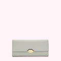 Light sage green leather wallet with gold lip detail.