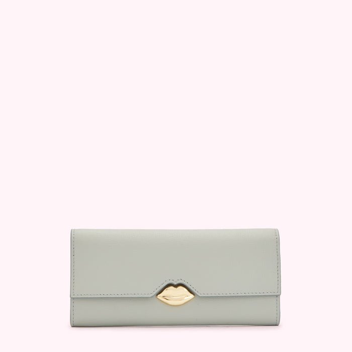 Light sage green leather wallet with gold lip detail.