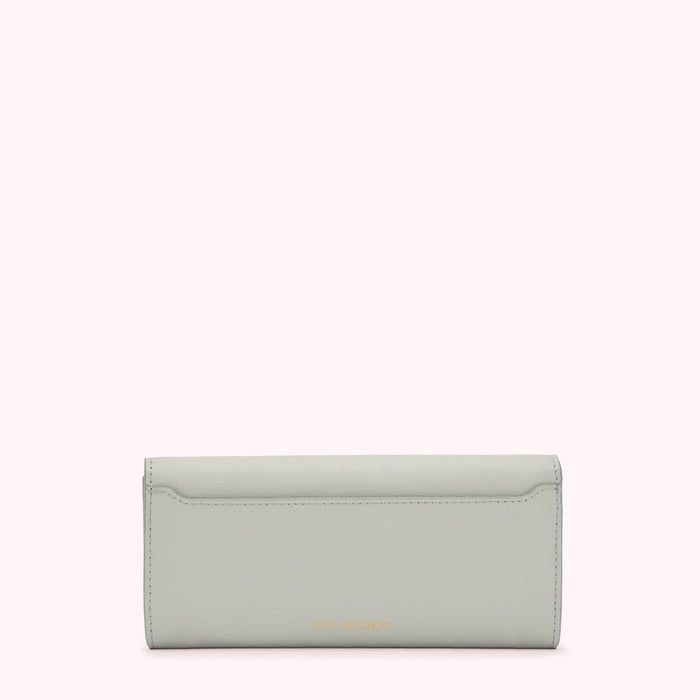 Light grey leather wallet on white background.
