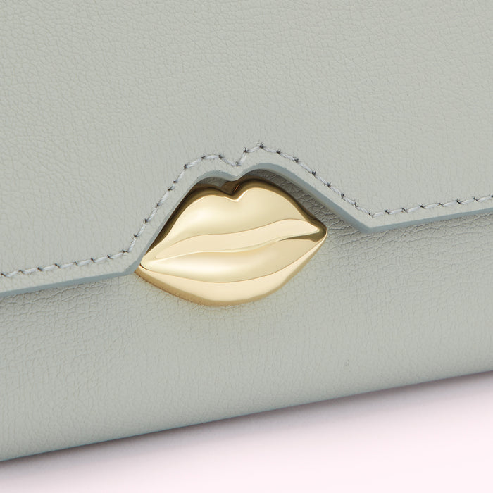 Close-up of a light-grey leather wallet with a gold lip-shaped clasp.