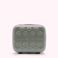 Sage green Lulu Guinness makeup case with embossed lips.