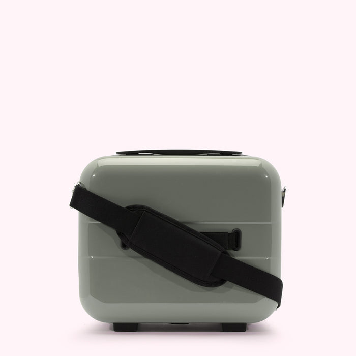 Sage green carry-on suitcase with black shoulder strap.