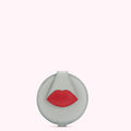 Light blue circular compact mirror with a red lip detail.