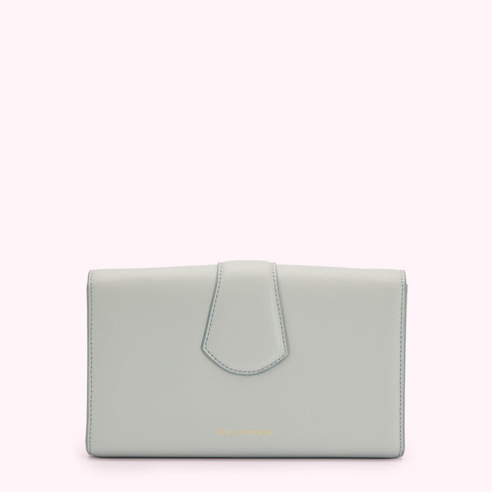 Light teal leather wallet on white background.