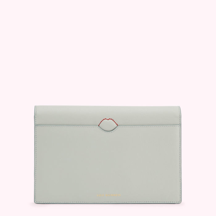 Light grey leather Lulu Guinness wallet with red lip detail.