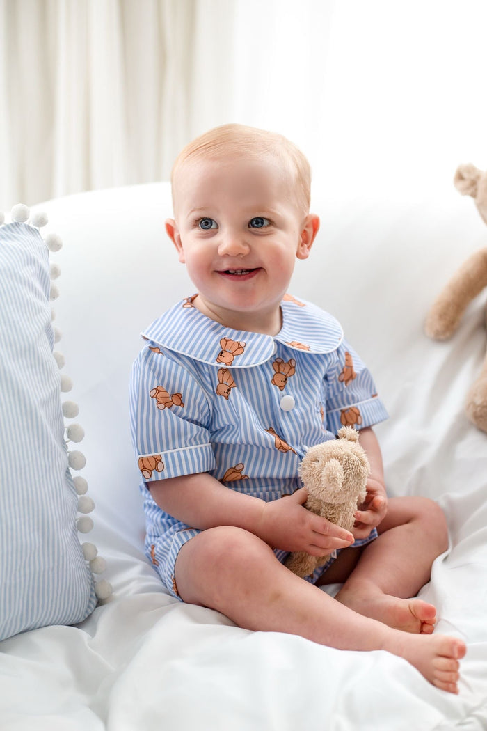 SPECIAL PRICE - Boys Blue Stripe Personalised Teddy Bear Short sleeve and leg Pyjamas