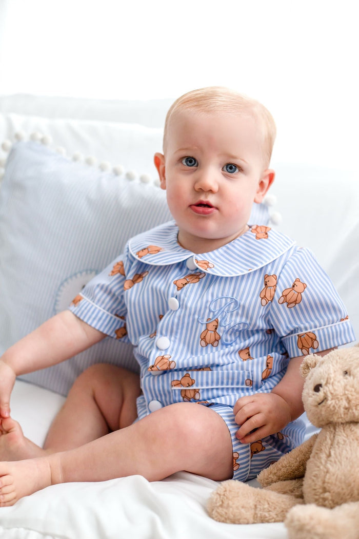 SPECIAL PRICE - Boys Blue Stripe Personalised Teddy Bear Short sleeve and leg Pyjamas