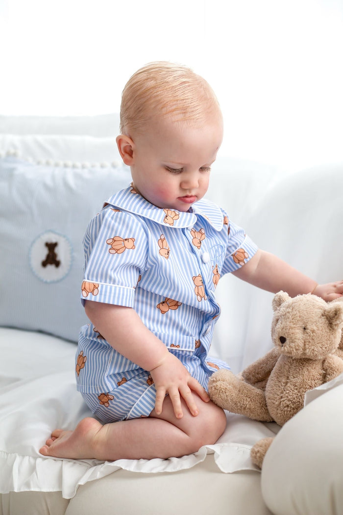 SPECIAL PRICE - Boys Blue Stripe Personalised Teddy Bear Short sleeve and leg Pyjamas