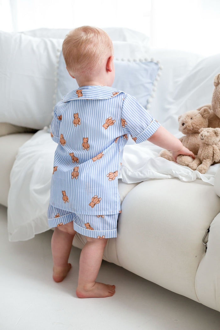 SPECIAL PRICE - Boys Blue Stripe Personalised Teddy Bear Short sleeve and leg Pyjamas