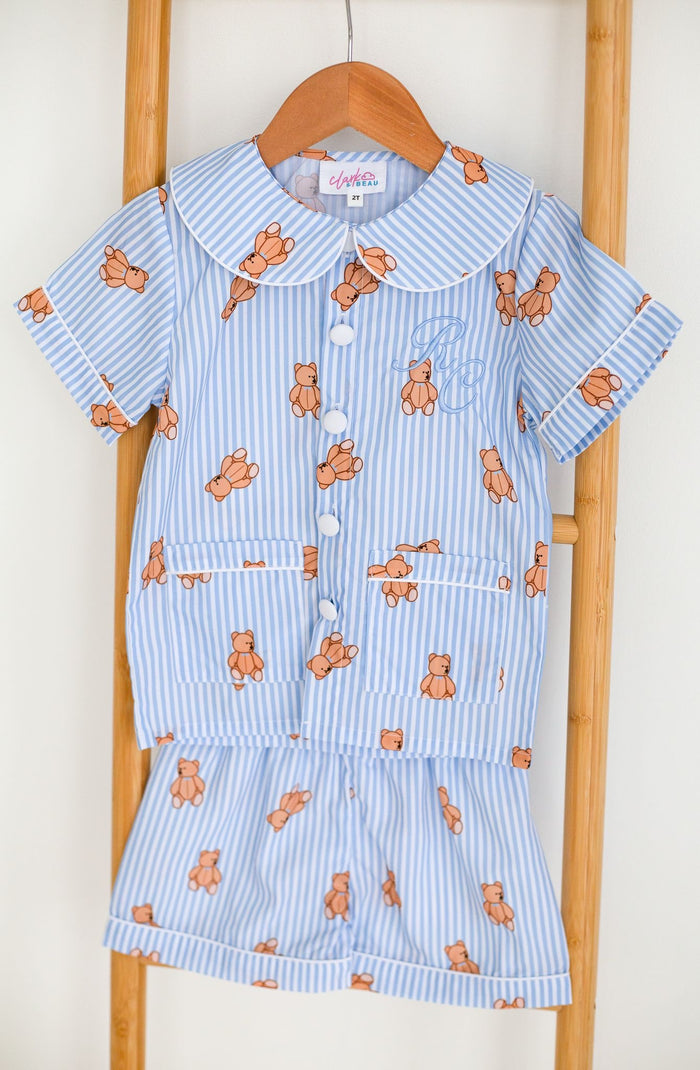 SPECIAL PRICE - Boys Blue Stripe Personalised Teddy Bear Short sleeve and leg Pyjamas