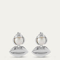 Silver lip pendant drop earrings with pearls on a white background