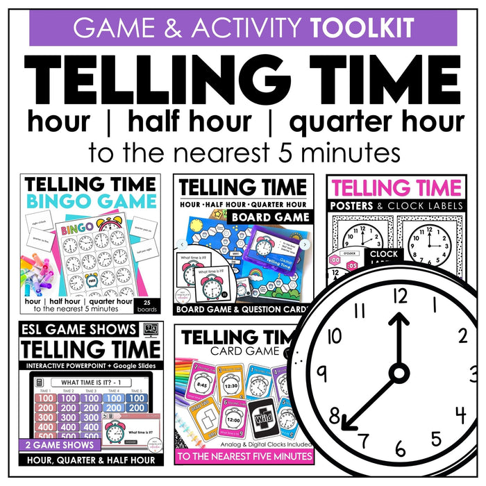 Telling Time Games BUNDLE - Hour, Half hour, quarter hour & nearest 5 minutes - Hot Chocolate Teachables