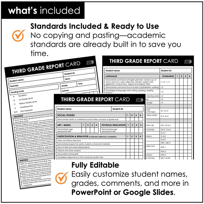 Third Grade Editable Report Card Templates with Common Core Aligned Standards - Hot Chocolate Teachables