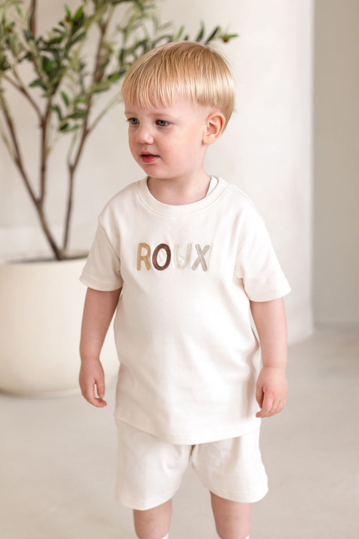 Unisex Cream Personalised Cotton T-shirt and Short Set