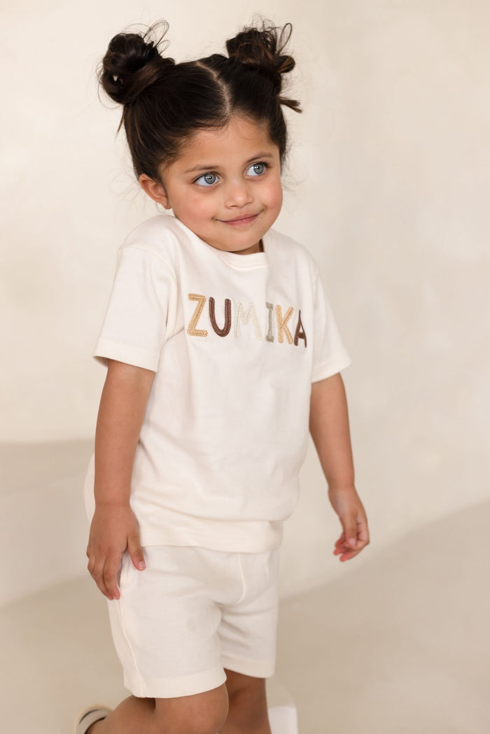 Unisex Cream Personalised Cotton T-shirt and Short Set