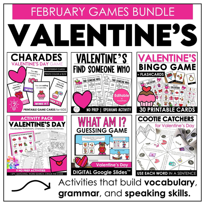 Valentine's Day Party Games & Activity Bundle - February Grammar & Vocabulary - Hot Chocolate Teachables