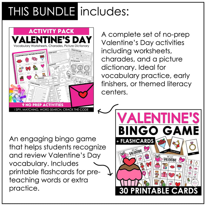 Valentine's Day Party Games & Activity Bundle - February Grammar & Vocabulary - Hot Chocolate Teachables