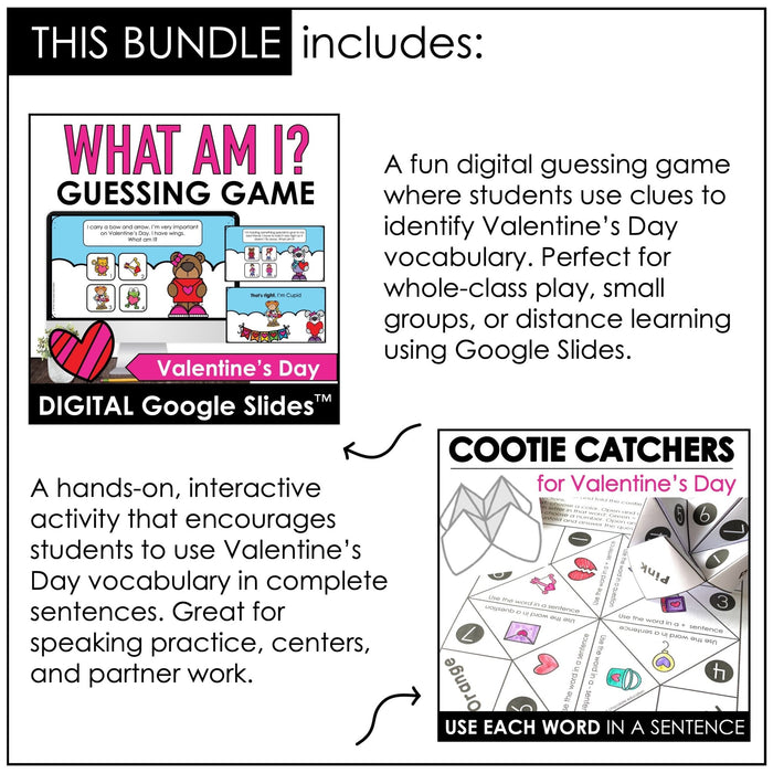 Valentine's Day Party Games & Activity Bundle - February Grammar & Vocabulary - Hot Chocolate Teachables