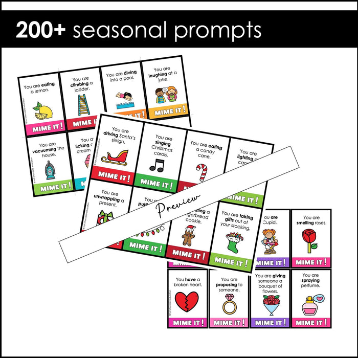 Verb Charades Bundle | Holiday and Seasonal Miming Game Cards for Kids - Hot Chocolate Teachables