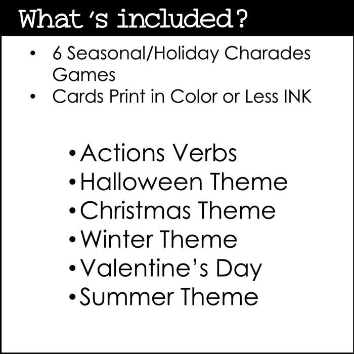 Verb Charades Bundle | Holiday and Seasonal Miming Game Cards for Kids - Hot Chocolate Teachables