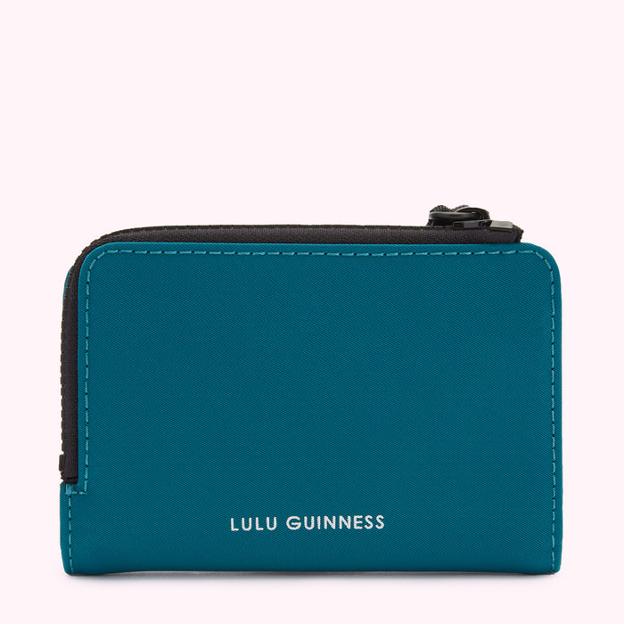 Teal Lulu Guinness zip-around wallet.