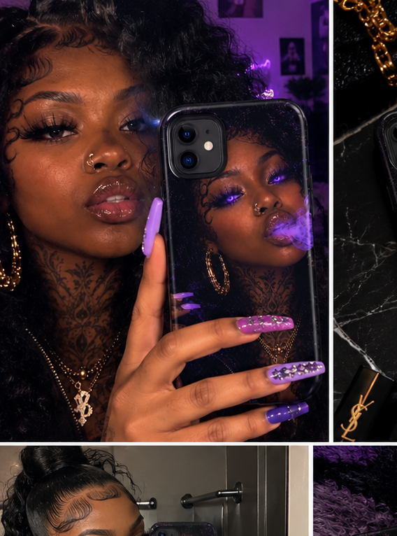 Violet Venom iPhone case held in hand showing the purple smoke portrait design