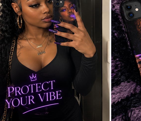 Violet Venom iPhone case shown in a mirror selfie lifestyle scene