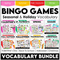 Vocabulary Bingo Game BUNDLE: Spring Summer Fall Winter - Seasonal Vocabulary - Hot Chocolate Teachables