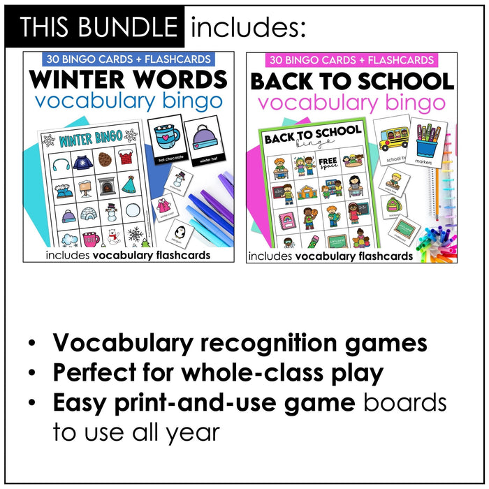 Vocabulary Bingo Game BUNDLE: Spring Summer Fall Winter - Seasonal Vocabulary - Hot Chocolate Teachables