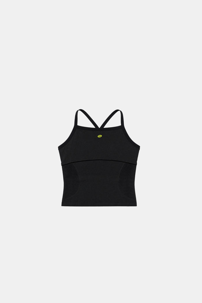 Black athletic tank top with a small neon green logo