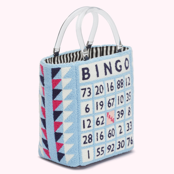 Light blue tote bag with a bingo card design, clear handles.