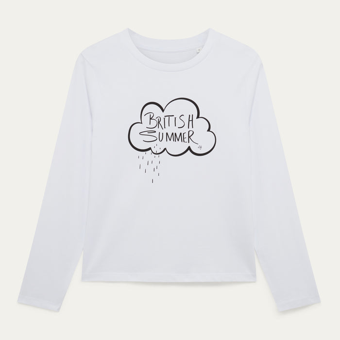 White long-sleeve shirt with 'British Summer' graphic on a light gray background