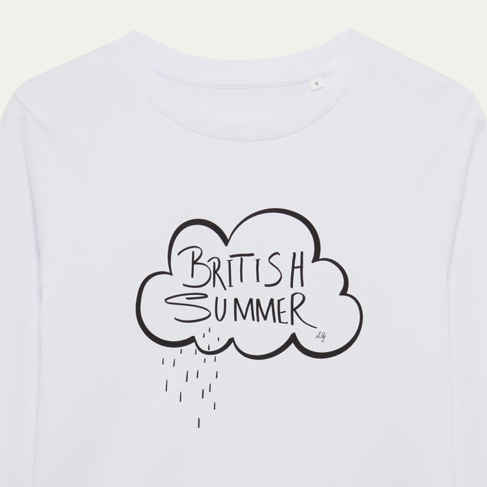 White t-shirt with 'British Summer' cloud graphic on a plain background