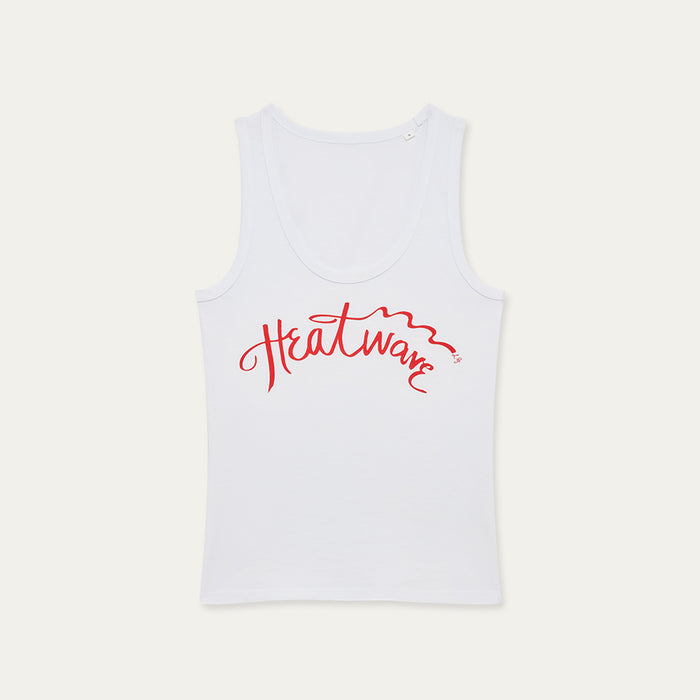 White tank top with red 'Heatwave' text on a white background