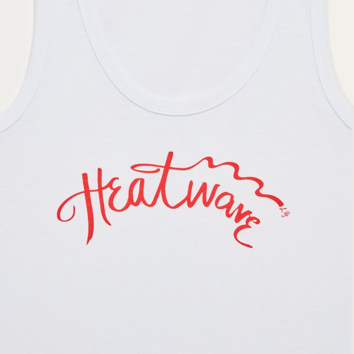 White tank top with red 'Heatwave' text on a white background