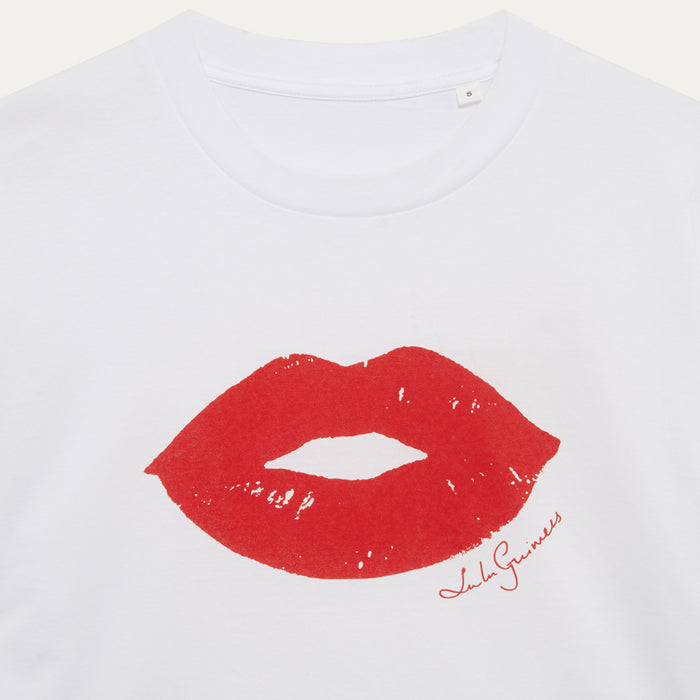 White t-shirt with red lips graphic and 'Lulu Guinness' logo.