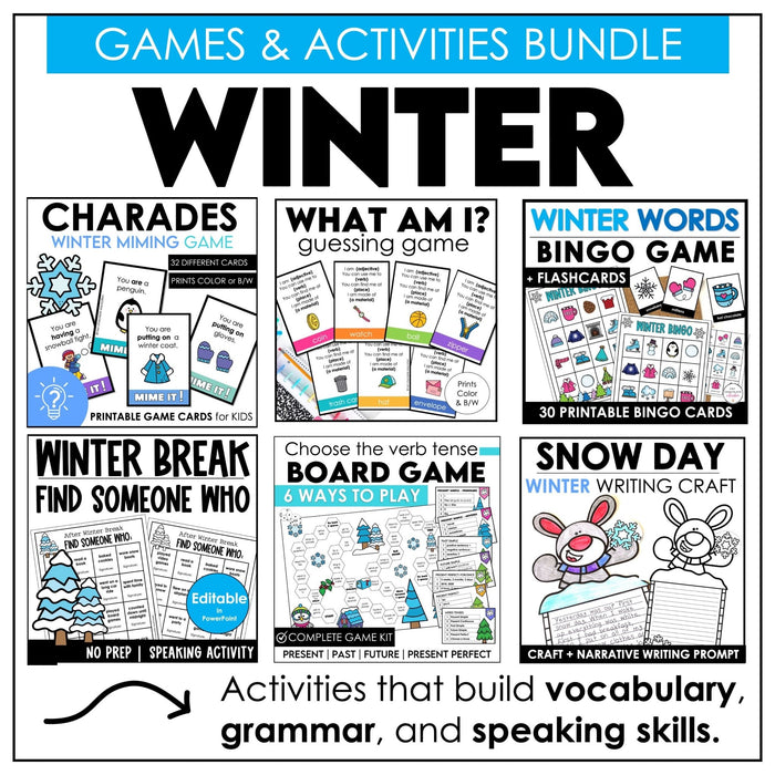WINTER Games and Activity Bundle - Grammar & Vocabulary for ELL / ESL / EFL - Hot Chocolate Teachables