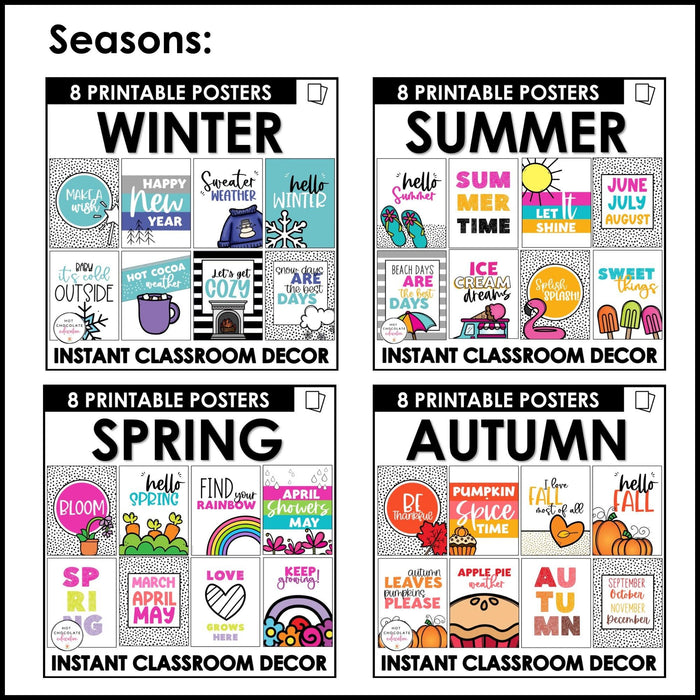 YEAR LONG Decorative Classroom Poster BUNDLE | SEASONAL Bulletin Board Decor - Hot Chocolate Teachables