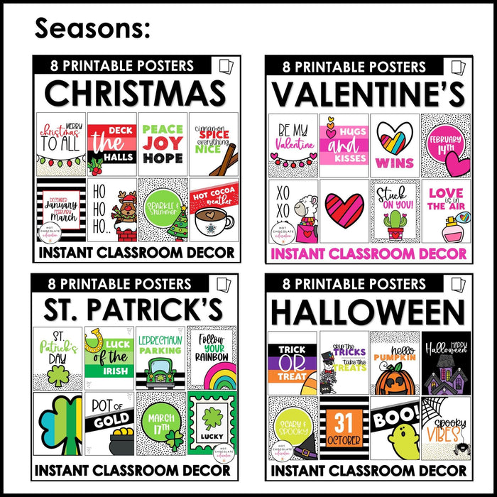 YEAR LONG Decorative Classroom Poster BUNDLE | SEASONAL Bulletin Board Decor - Hot Chocolate Teachables